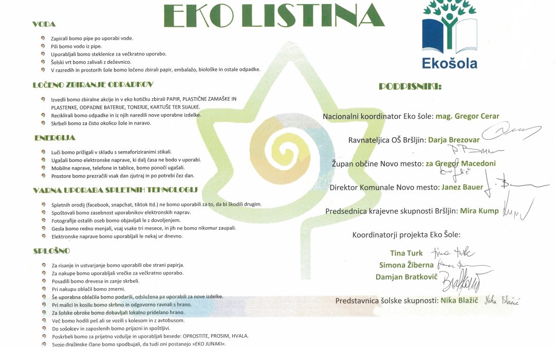 Podpis eko listine na OŠ Bršljin